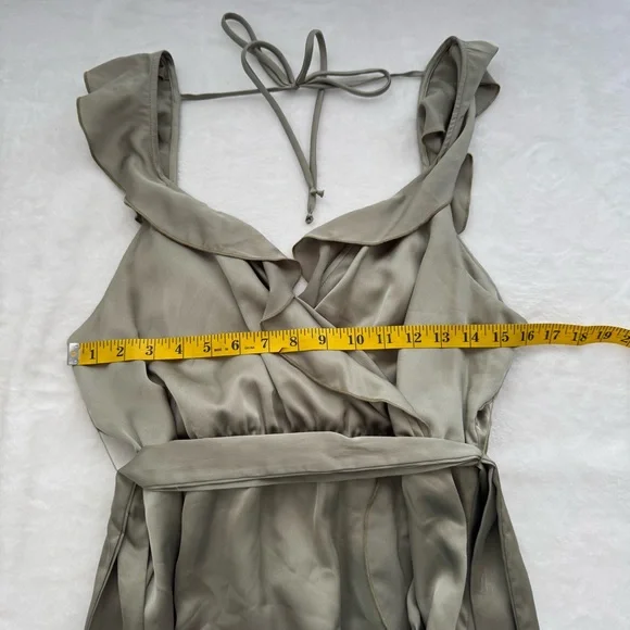 Show Me Your Mumu Samantha Ruffle Wrap Dress Moss Green Luxe Satin Large - Picture 8 of 9